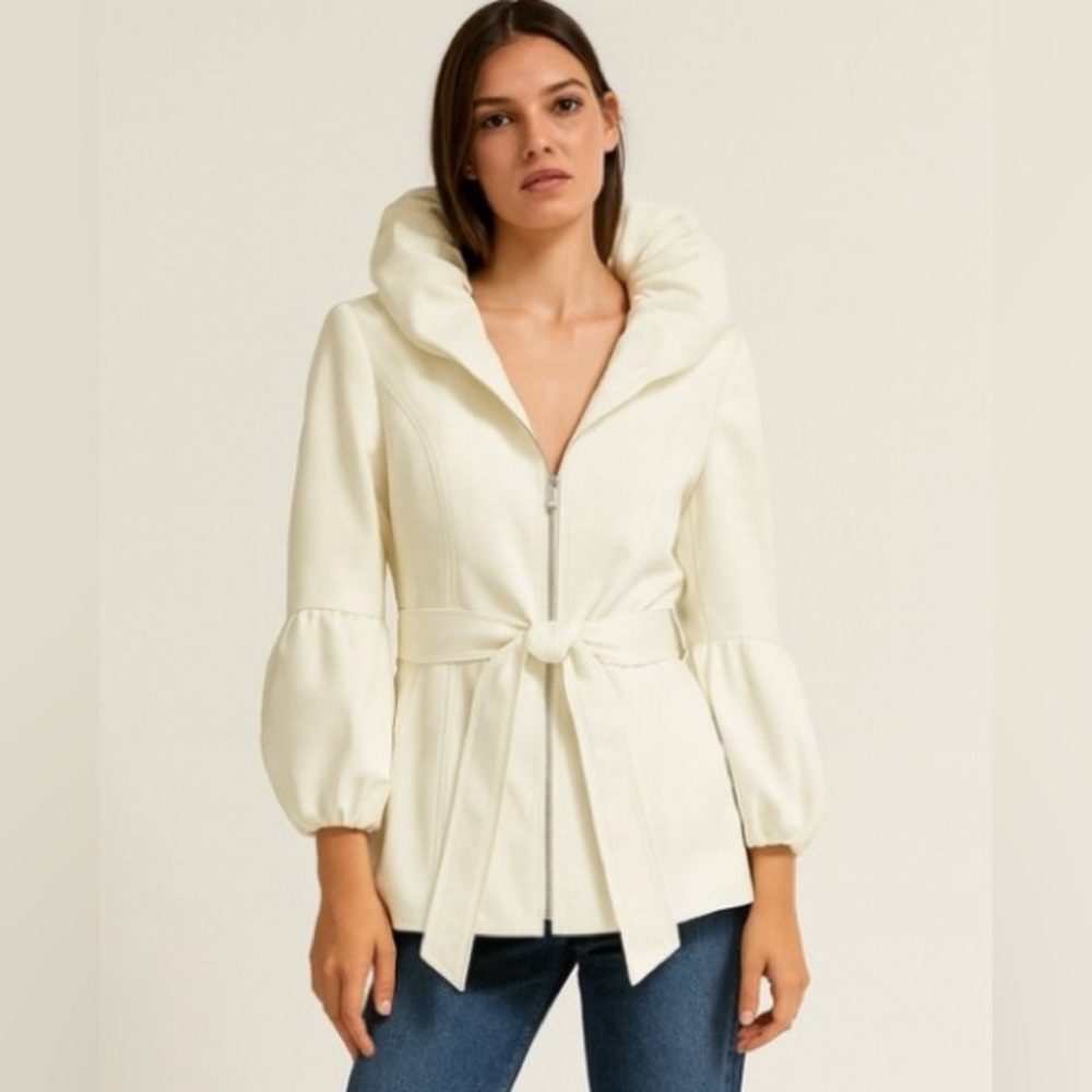 Zara Woman White/Cream Belted Ruffle Collar Jacket – Size M